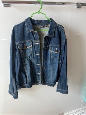 Chico’s size 2 embellished, jean jacket breast studs